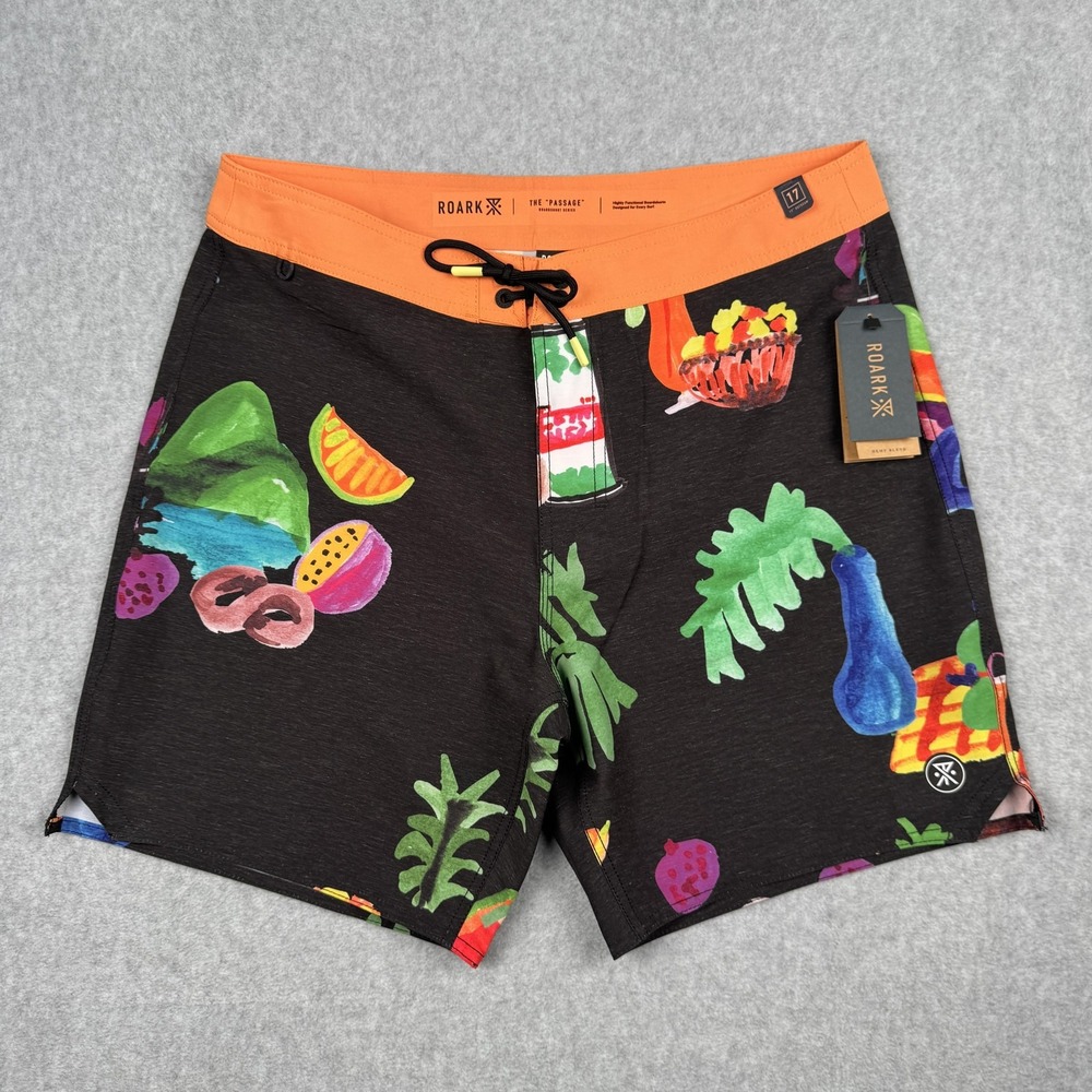 Roark Boardshorts Mens 32 Black Tahiti Treat Passage 17 Hemp Blend Tropical NEW
